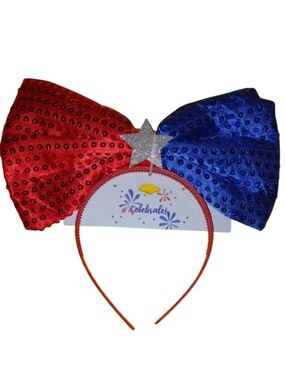 Red and Blue Sequin Bow Headband with Silver Star Holiday Headband